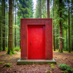 red-concrete-square-door-in-the-forest-front